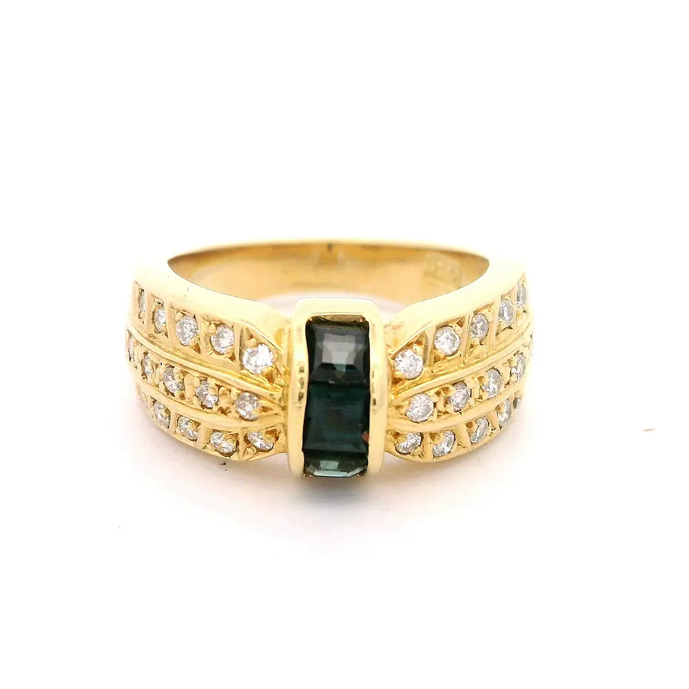 Anillo 18K Semi Bombé Diamantes y Zafiros