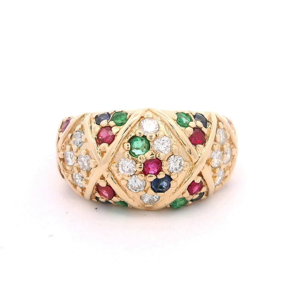 Anillo 14K Bombé Rombos con Diamantes