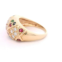 Anillo 14K Bombé Rombos con Diamantes