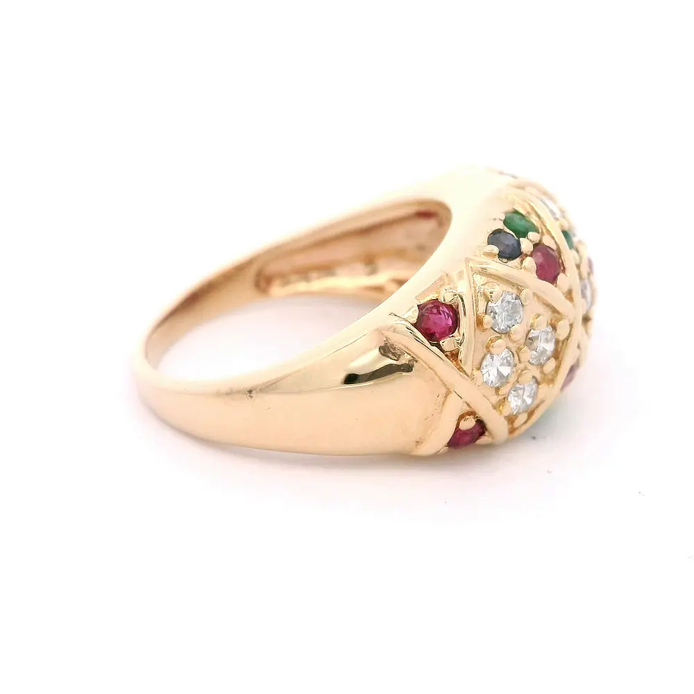 Anillo 14K Bombé Rombos con Piedras