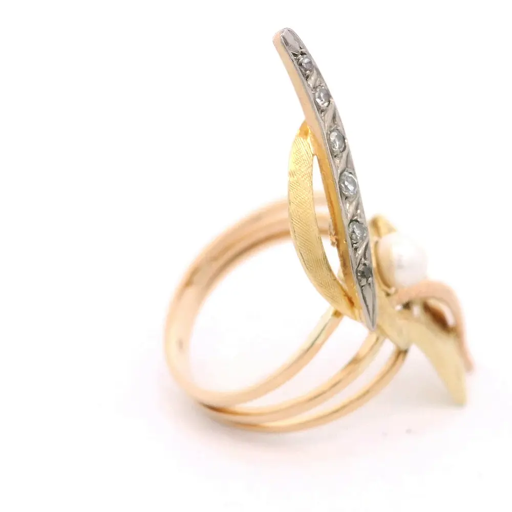 Anillo 18K Calado Perla y Diamantes