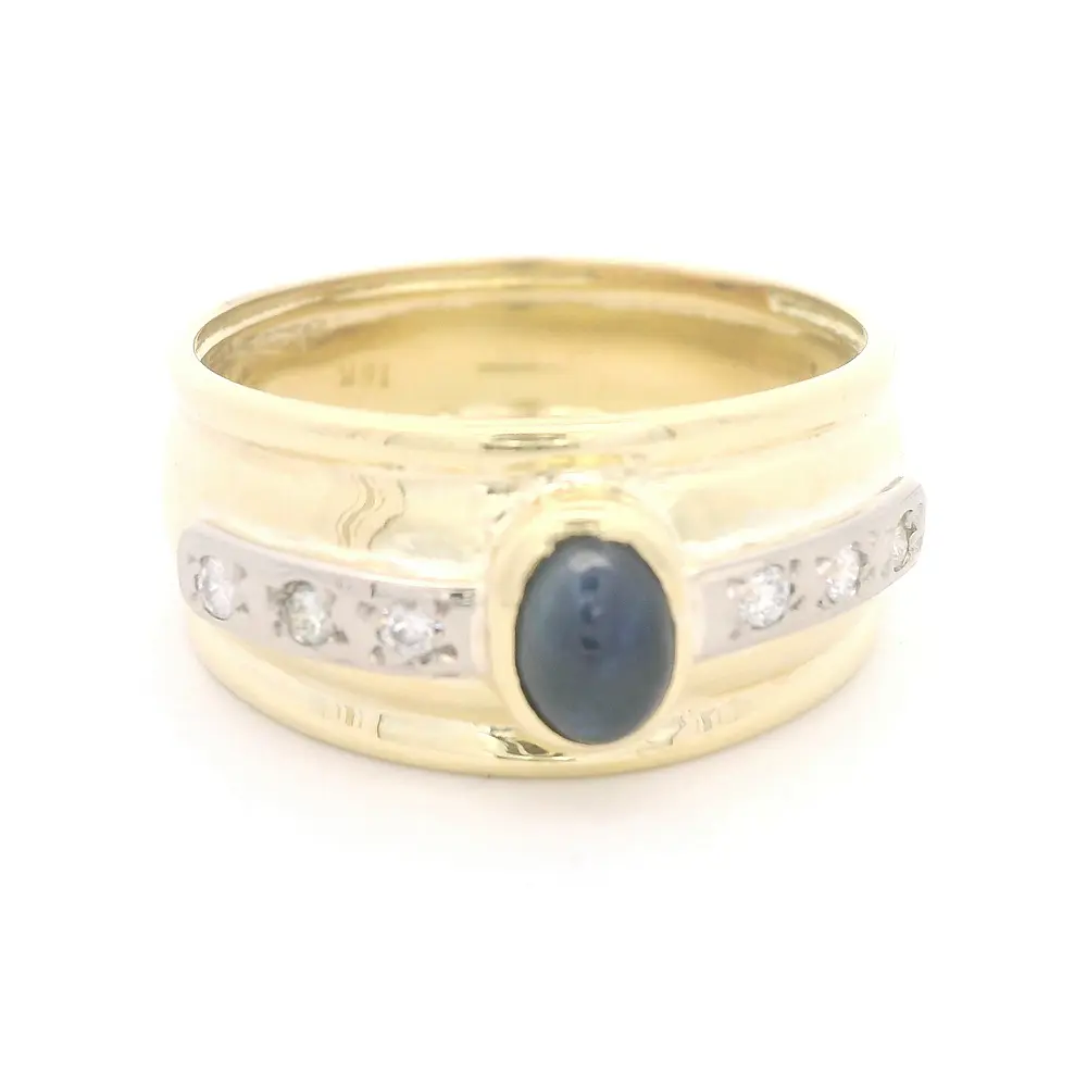 Anillo de Oro 18K Bombé con Diamantes y Zafiro Cabujón