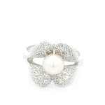Anillo Oro Blanco 14K Flor con Diamantes y Perla
