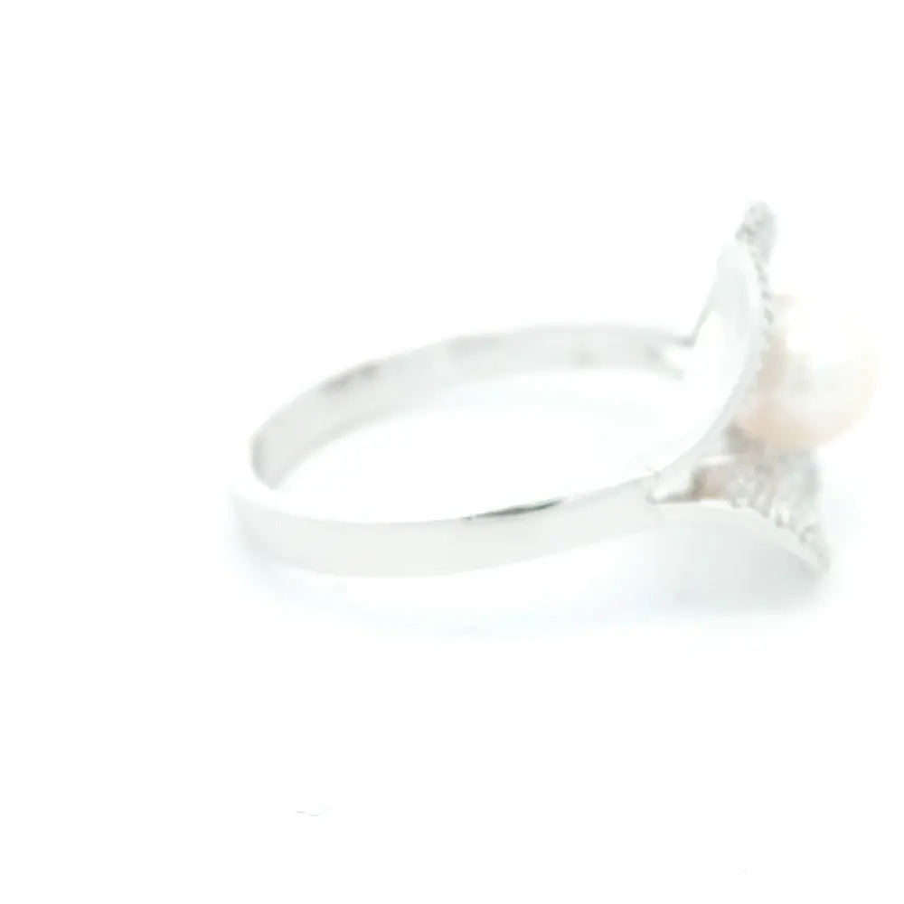 Anillo Oro Blanco 14K Flor con Diamantes y Perla