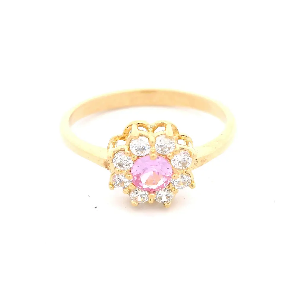 Anillo de Oro Amarillo 18K Flor con 1P Rosada y MCP Incoloras