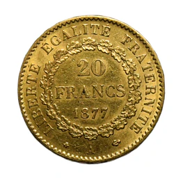 Moneda de Oro 20 Francos Francia Año 1877