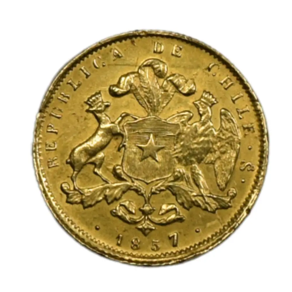 Moneda Nacional de Oro 21.6K Ley 900 2 Pesos Chile Año 1857