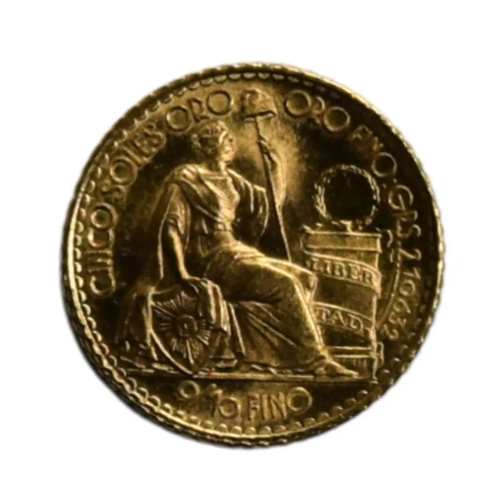 Moneda de Oro 21.6K Ley 900 5 Soles Perú Año 1965