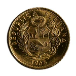 Moneda de Oro 21.6K Ley 900 5 Soles Perú Año 1965