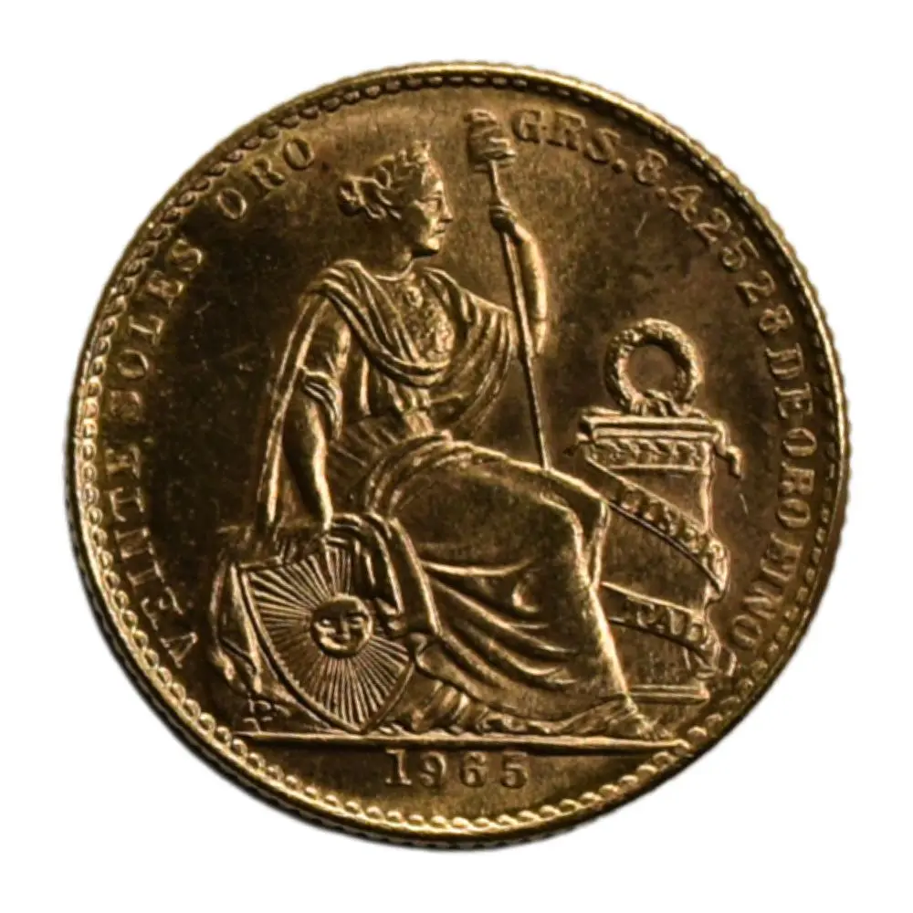 Moneda Extranjera de Oro 21.6K Ley 900 20 Soles Perú Año 1965