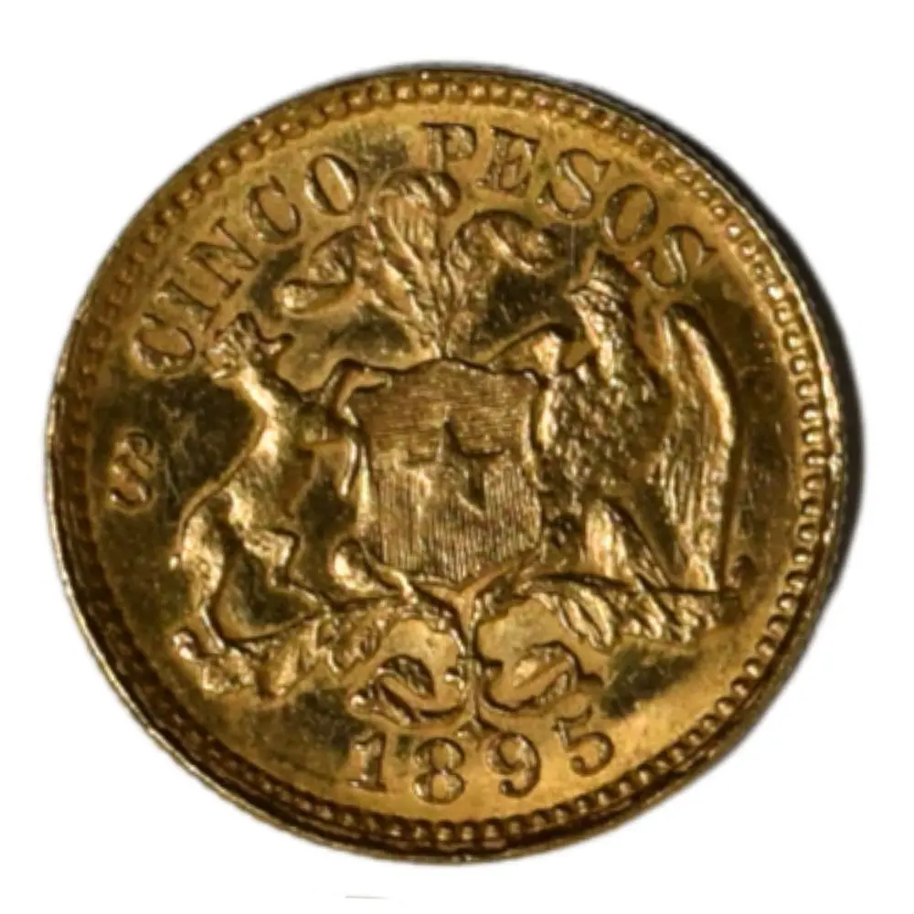 Moneda Nacional de Oro 22K Ley 917 5 Pesos Chile Año 1895