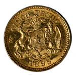 Moneda Nacional de Oro 22K Ley 917 5 Pesos Chile Año 1895