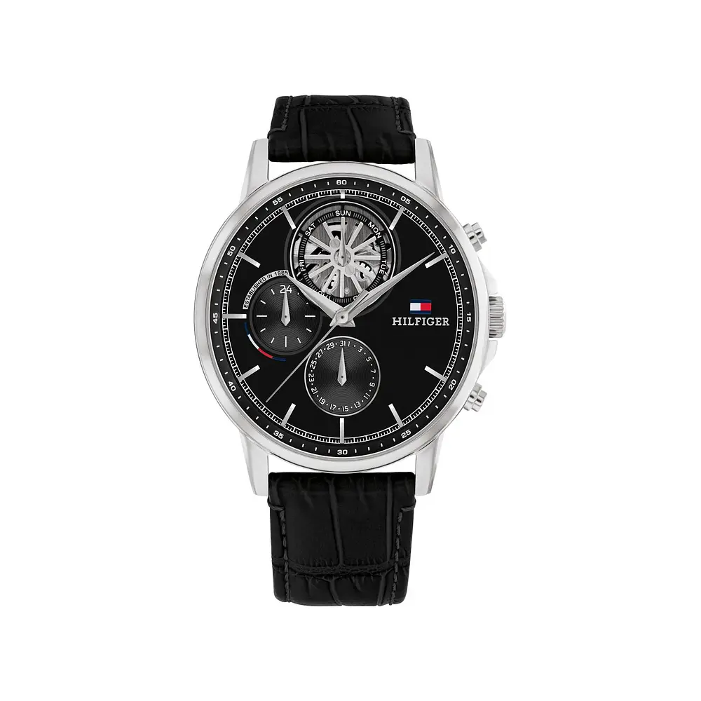 Reloj Tommy Hilfiger Stewart Código 1710605 para Hombre – Correa de Cuero Negro y Caja de Acero Inoxidable