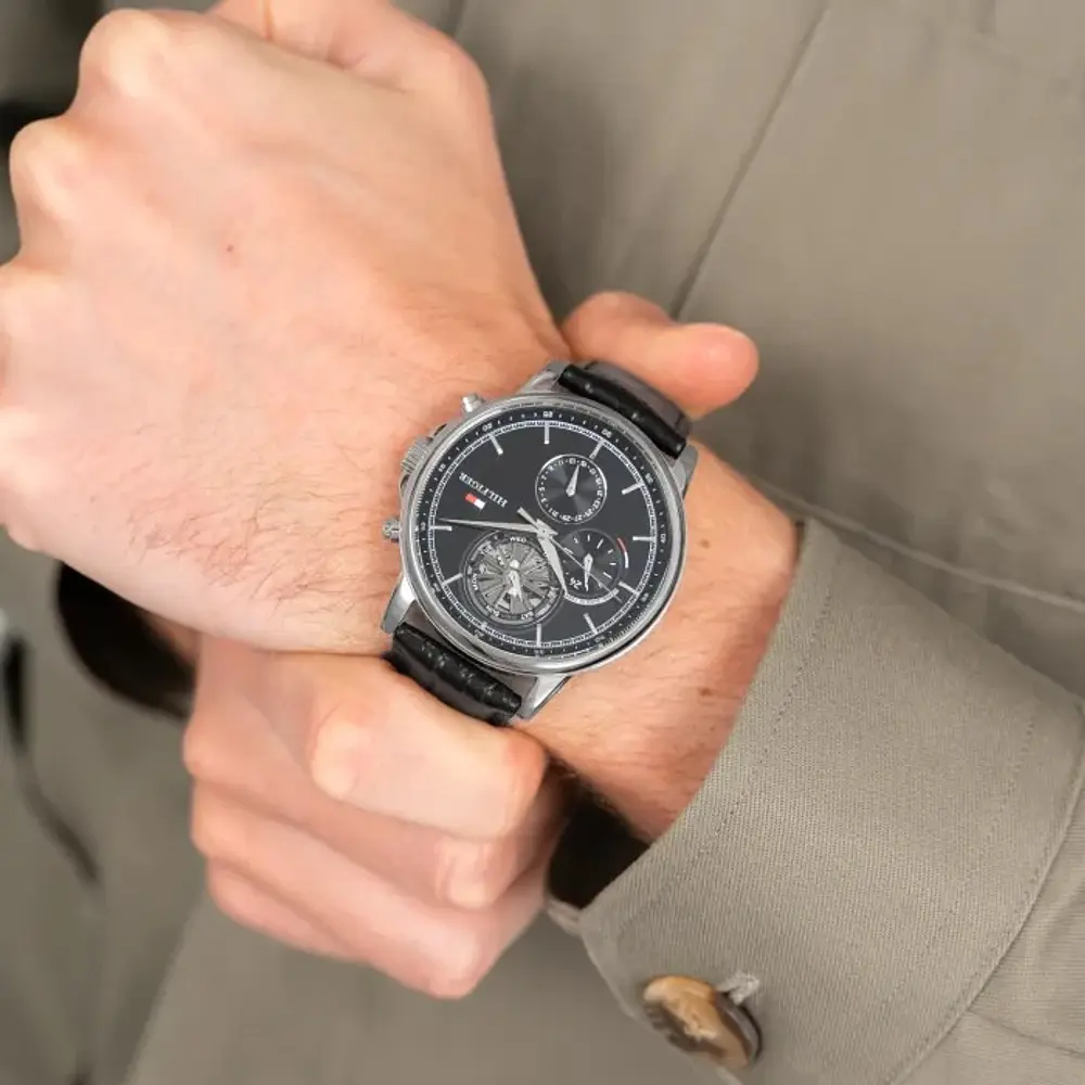 Reloj Tommy Hilfiger Stewart Código 1710605 para Hombre – Correa de Cuero Negro y Caja de Acero Inoxidable
