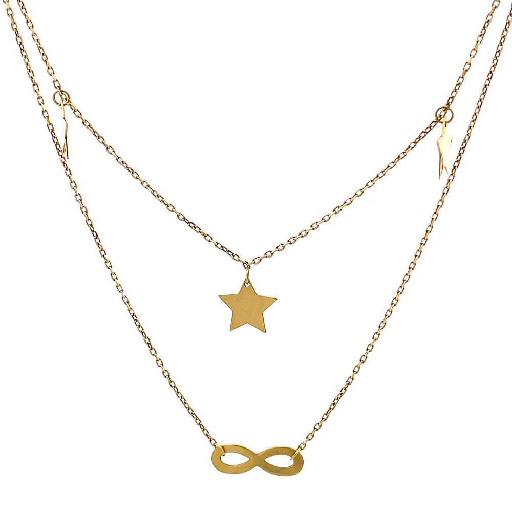 Cadena de Oro 18K Limada con Colgantes Estrellas, Infinito y Punto de Luz