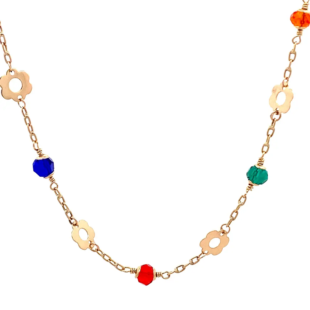 Cadena Limada de Oro Amarillo 18K con Dije Flores Multicolor