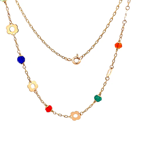 Cadena Limada de Oro Amarillo 18K con Dije Flores Multicolor