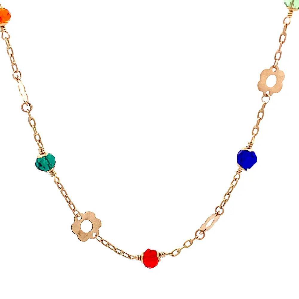 Cadena Limada de Oro Amarillo 18K con Dije Flores Multicolor