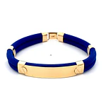 Pulsera de Oro Amarillo 18K con Placa Tallada y Neopreno Azul