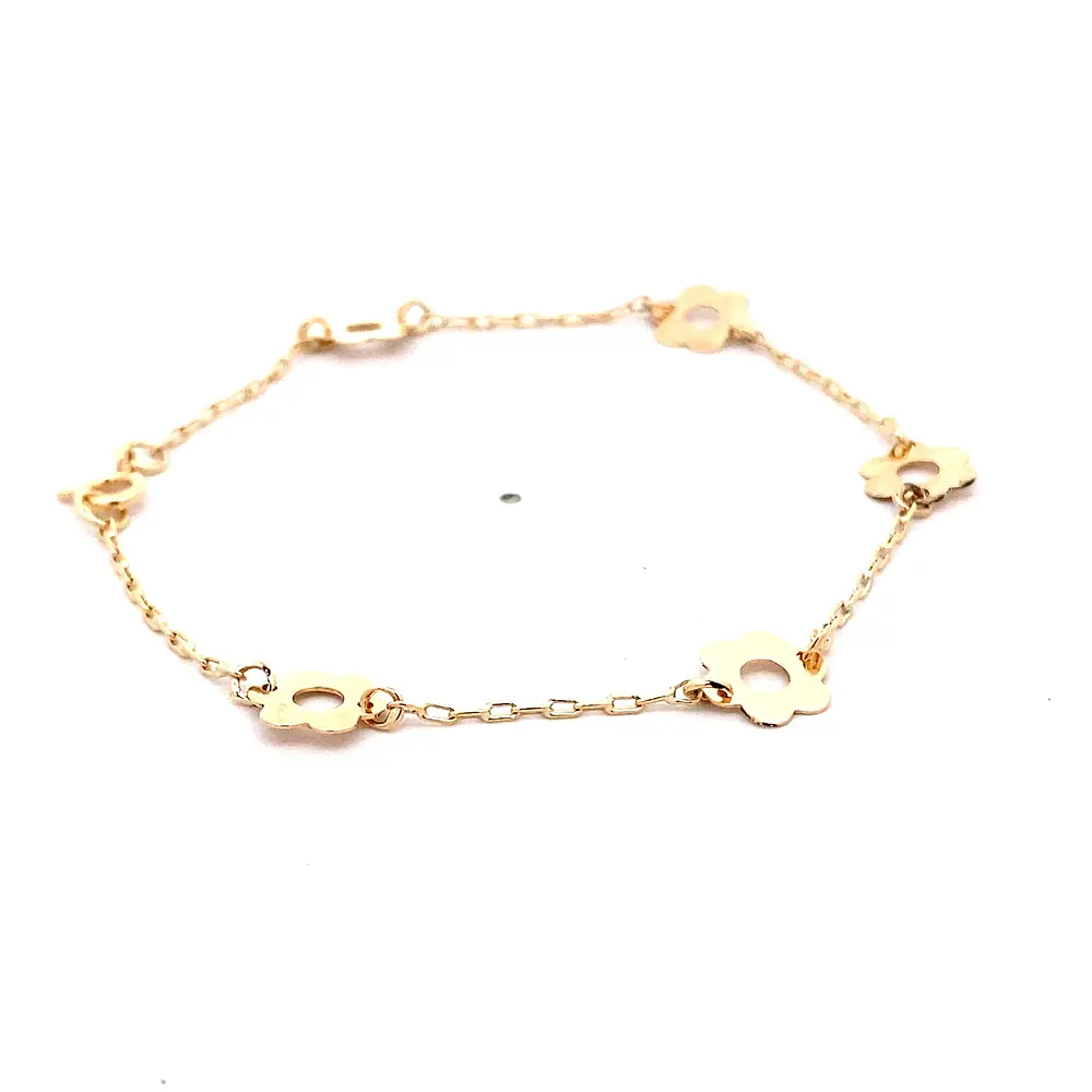 Pulsera Limada de Oro Amarillo 18K con 5 Dijes de Flores