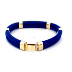 Pulsera de Oro Amarillo 18K con Placa Tallada y Neopreno Azul