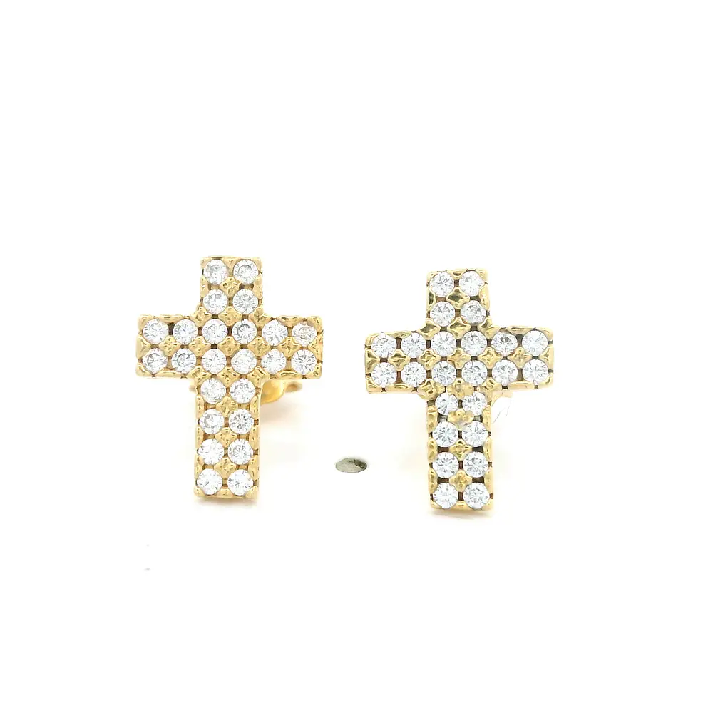 Aros Cruz de Oro Amarillo 18K con Piedras Incoloras