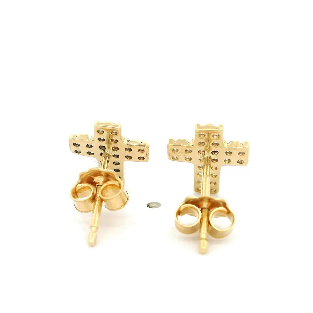 Aros Cruz de Oro Amarillo 18K con Piedras Incoloras