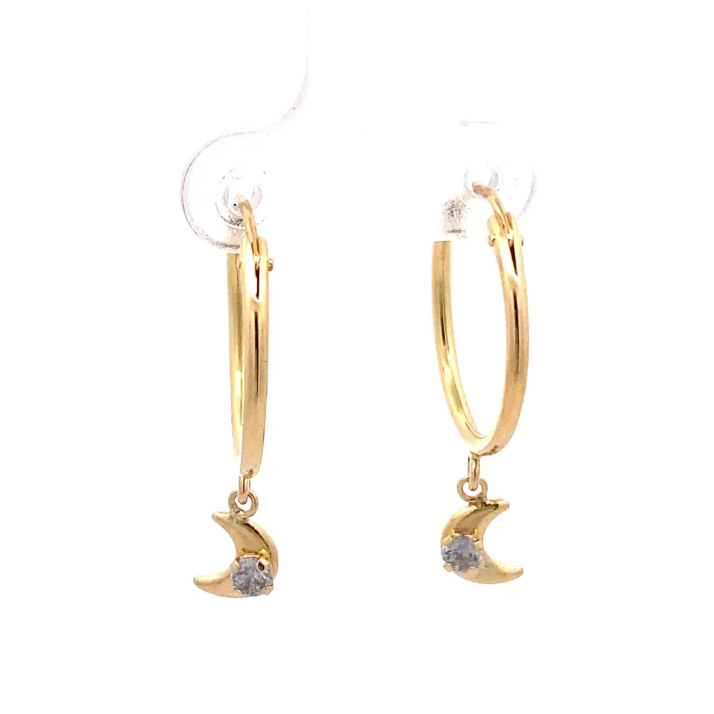 Aros Tubulares de Oro Amarillo 18K con Dije de Luna