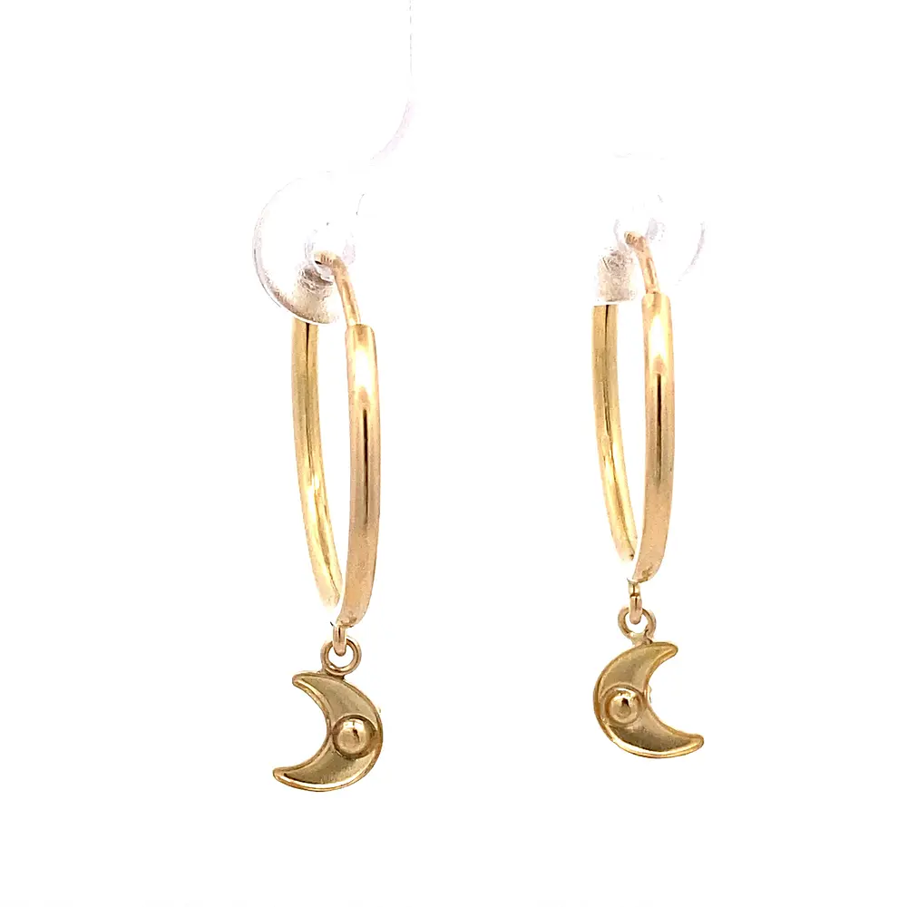 Aros Tubulares de Oro Amarillo 18K con Dije de Luna