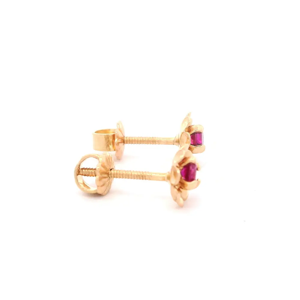 Aros Flor para Bebé de Oro Amarillo 18K con Piedra Fucsia