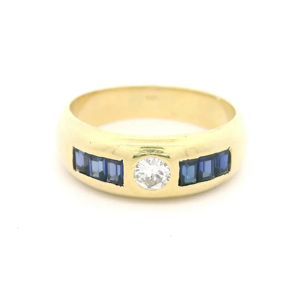 Anillo Bombé de Oro Amarillo 18K con 6 Piedras Azules y Diamante