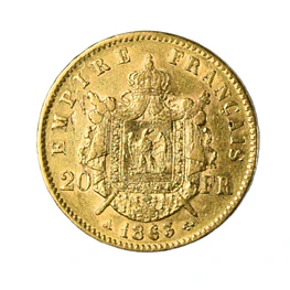 Moneda de Oro 20 Francos Napoleón III Francia 1863