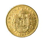 Moneda de Oro 20 Francos Napoleón III Francia 1863