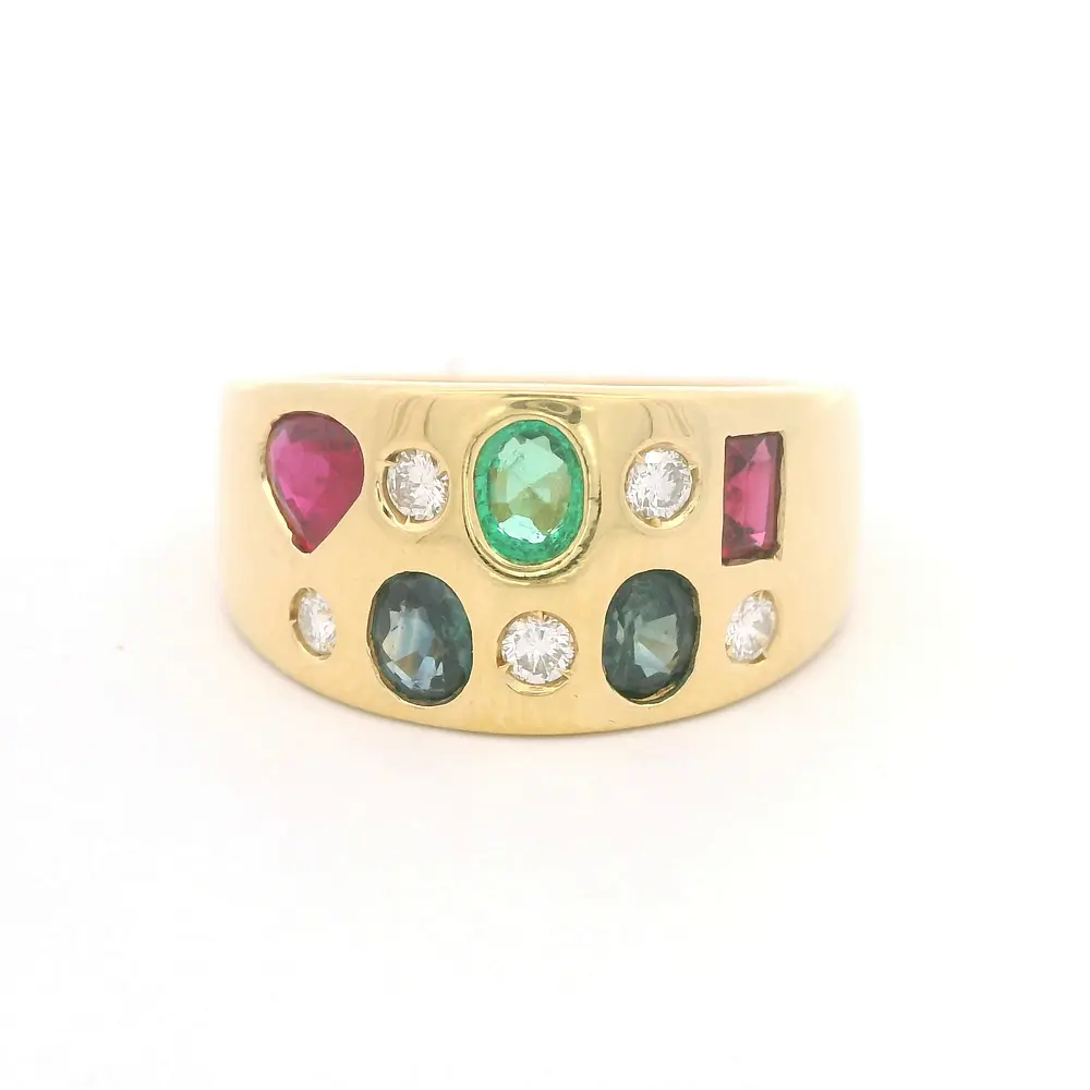 Anillo Bombé Oro Amarillo 18K con Piedras Multicolor y Diamantes