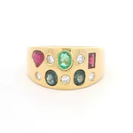Anillo Bombé Oro Amarillo 18K con Piedras Multicolor y Diamantes