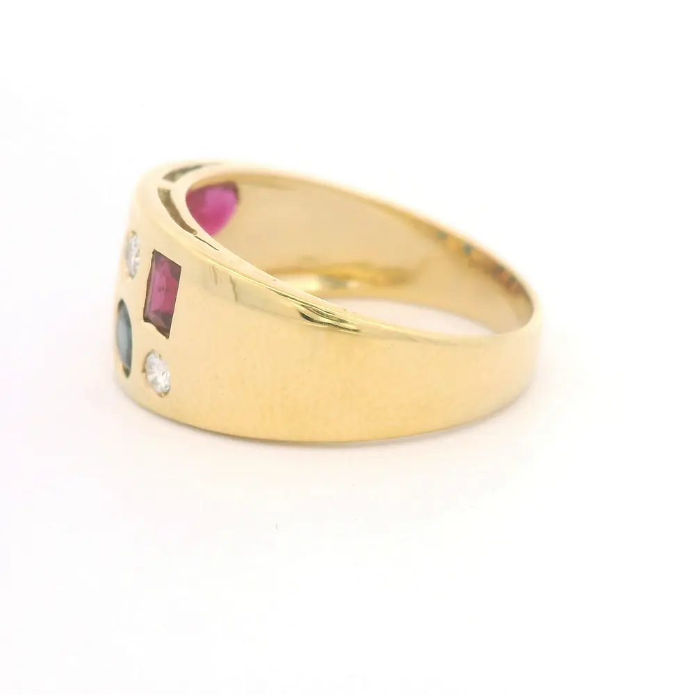 Anillo Bombé Oro Amarillo 18K con Piedras Multicolor y Diamantes