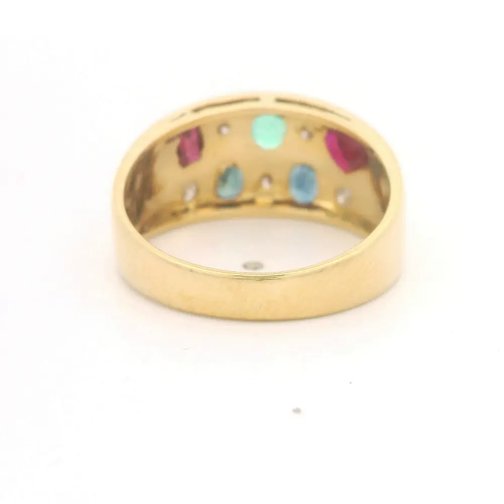 Anillo Bombé Oro Amarillo 18K con Piedras Multicolor y Diamantes