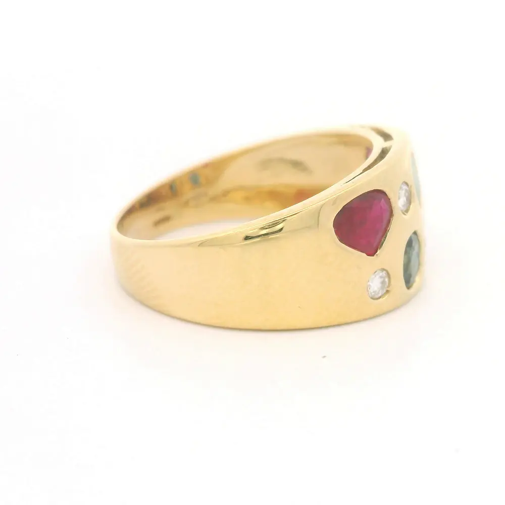 Anillo Bombé Oro Amarillo 18K con Piedras Multicolor y Diamantes