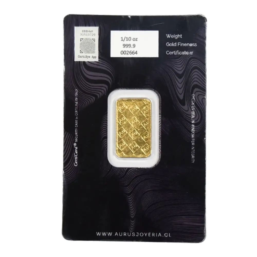 Barra De Oro 24K 1/10 Onza Troy Aurus Joyería 