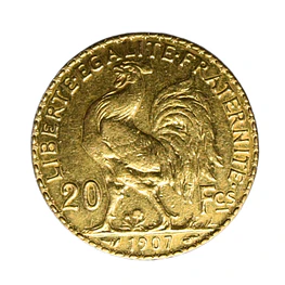 Moneda de Oro 20 Francos Francia Gallo Año 1907