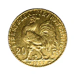 Moneda de Oro 20 Francos Francia Gallo Año 1907