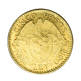 Moneda de Oro 5 Pesos Colombia Año 1919