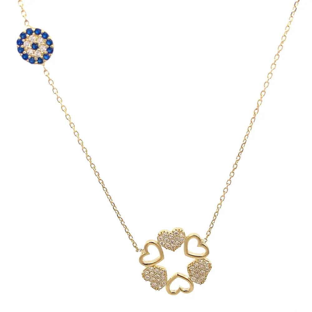 Cadena Labrada con Dije Flor y Corazones 18K