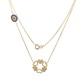 Cadena Labrada con Dije Flor y Corazones 18K