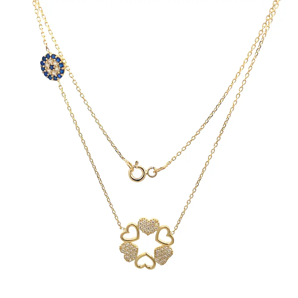 Cadena Labrada con Dije Flor y Corazones 18K