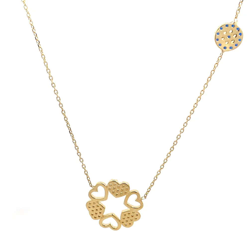 Cadena Labrada con Dije Flor y Corazones 18K