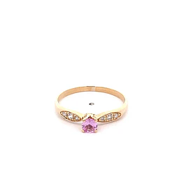 Anillo Solitario de Oro Amarillo 18K con Piedra Rosada e Incoloras