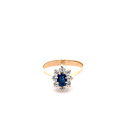 Anillo Lady Di de Oro Amarillo 18K con Piedra Azul e Incoloras