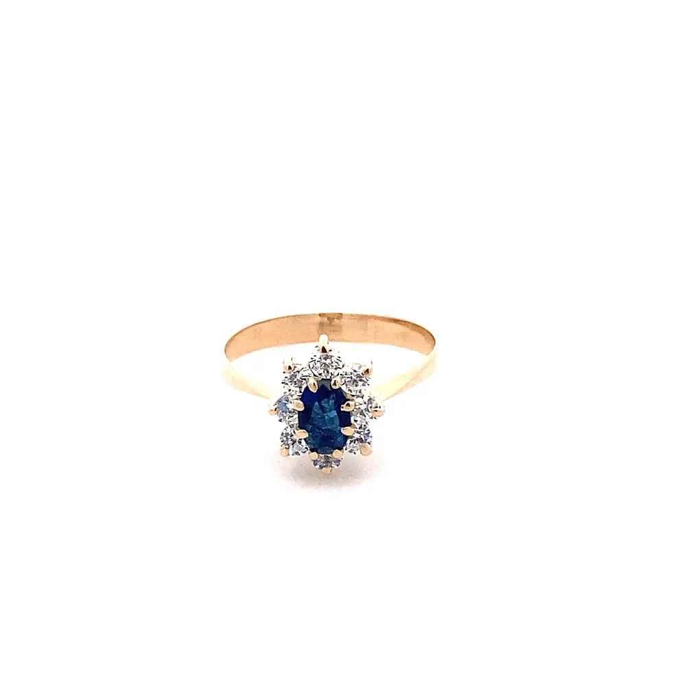 Anillo Lady Di de Oro Amarillo 18K con Piedra Azul e Incoloras