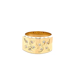 Anillo Sello Rectangular de Oro Amarillo 18K con Flores y Piedras Incoloras